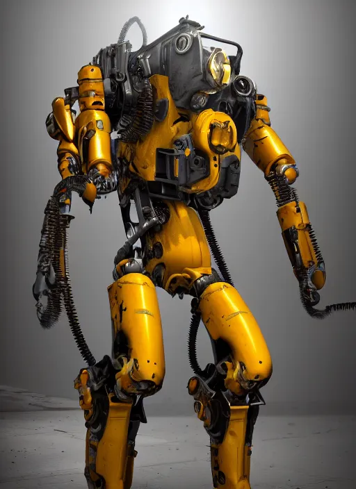 Image similar to a photorealistic dramatic hyperrealistic render of a futuristic exosuit power loader heavy machinery, ultra realistic details, glossy yellow, well worn, rust, oil stains by vitaly bulgarov and mike nash, beautiful dramatic dark moody tones and lighting, cinematic atmosphere, studio lighting, global illumination, shadows, dark background, octane render, 8 k