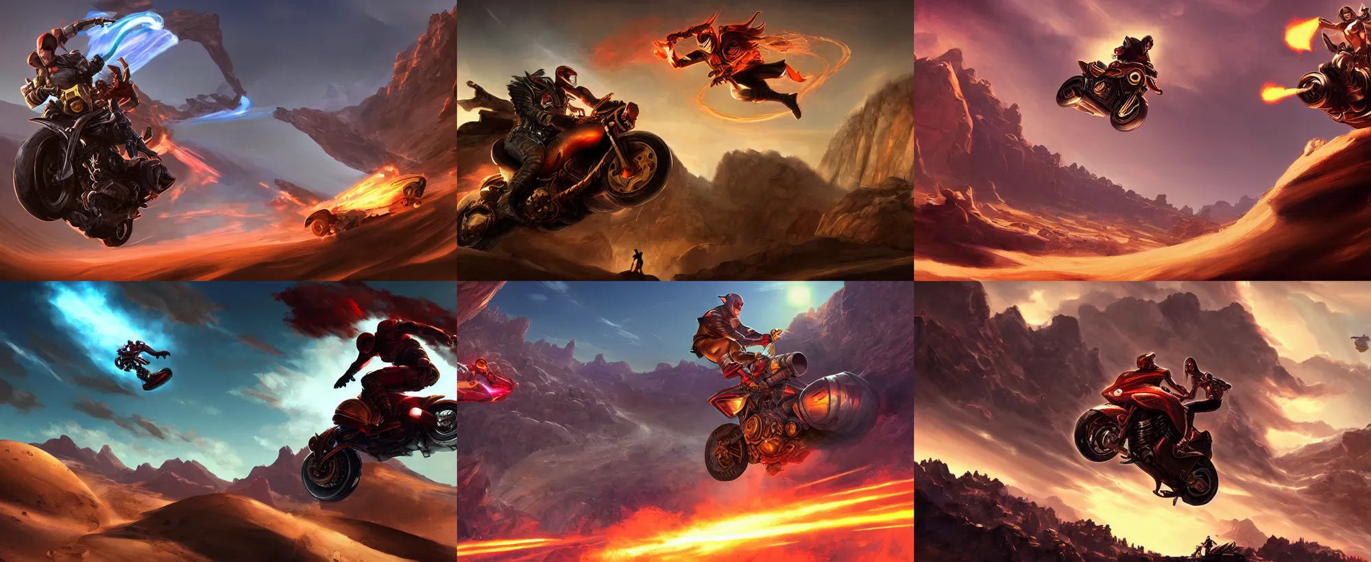 Prompt: daredevil in a jet engine bike jumping across the desert canyon, dramatic lighting, digital art game splash screen for league of legends, featured on artstation