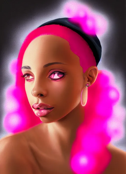 Image similar to portrait of teenage vanessa morgan with bright pink hair, black girl, vanessa morgan, curly pixie cut hair, wearing newsboy cap, newsboy cap, hoop earrings, intricate, elegant, glowing lights, highly detailed, digital painting, artstation, concept art, smooth, sharp focus, illustration, art by wlop, mars ravelo and greg rutkowski