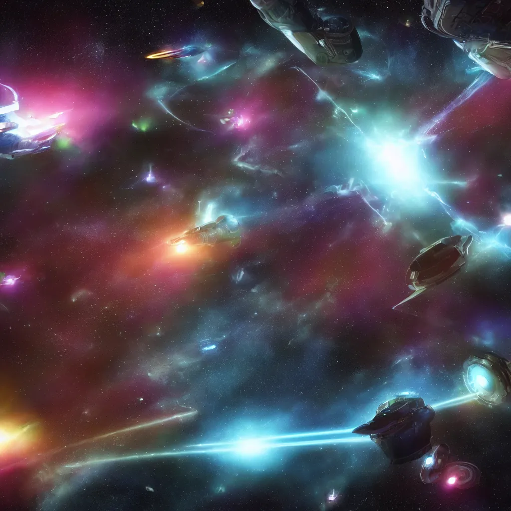 Image similar to galactic space fleet flying into a warp portal, 8 k resolution