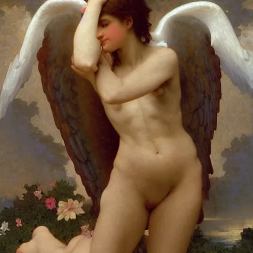 Image similar to an oil painting of an angel with headphones listening to vaporwave, by Bouguereau, highly detailed and intricate,