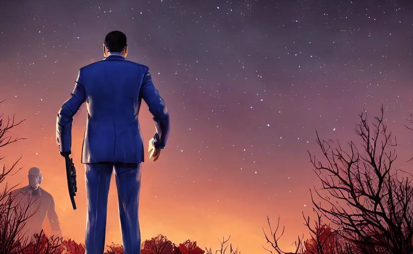 Image similar to cinematic view from behind a dead by daylight killer wearing a blue business suit looking up to the night sky, stars look like a scales of justice, character portrait, digital art