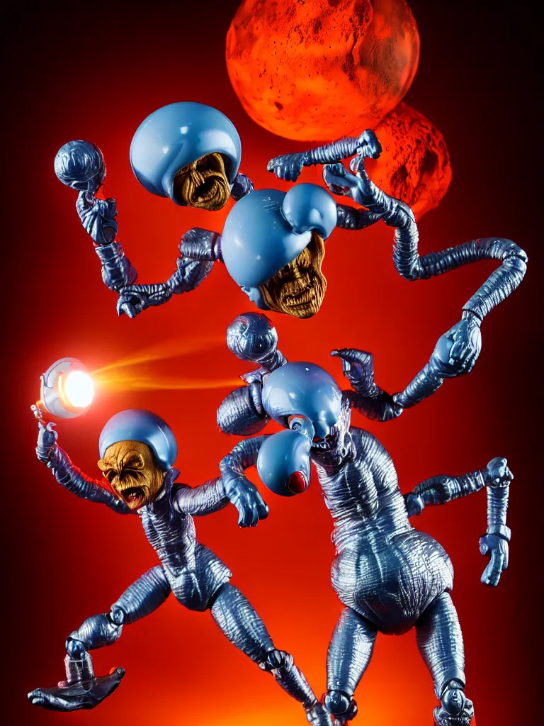 Image similar to hyperrealistic rendering, shiny mars attacks martian by art of skinner and richard corben and jeff easley, product photography, action figure, sofubi, studio lighting, colored gels, rimlight, backlight