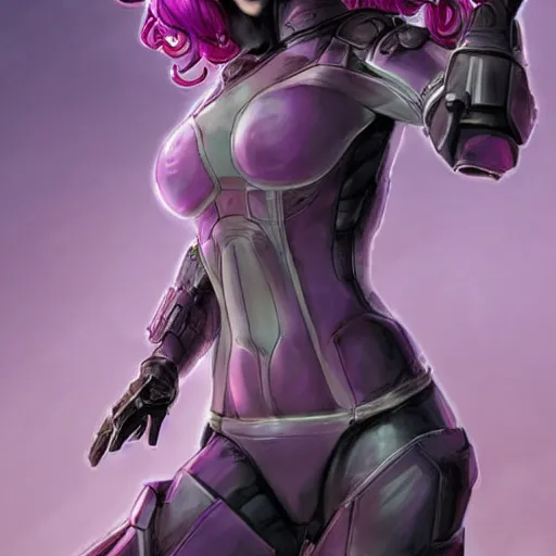 Prompt: pale woman with flowing purple hair in rusted sci - fi power armor, high detail, stoic, elegant, by stjepan sejic, sunstone
