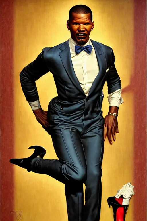 Image similar to jamie foxx by gil elvgren and norman rockwell and rob gonsalves and hajime sorayama, hyperrealistic, high detail, ultra detailed, highly detailed face, ruffled fabric