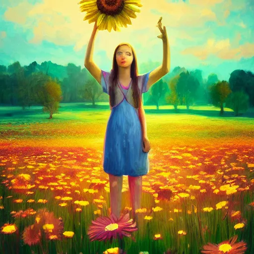 Prompt: giant daisy flower face, girl standing in a flower field, surreal photography, sunrise dramatic light, impressionist painting, colorful clouds, digital painting, artstation, simon stalenhag, flower face