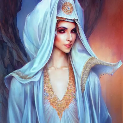 Image similar to a beautiful arabian woman wearing a white kaftan by karol bak, ayami kojima, artgerm, arabian beauty, blue eyes, smile, concept art, fantasy