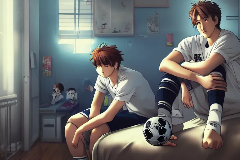 Image similar to beautiful anime harry kane and son heung-min sitting in a 90s teenagers bedroom, highly detailed, realistic, dynamic lighting, cinematic, masterpiece, trending on artstation,