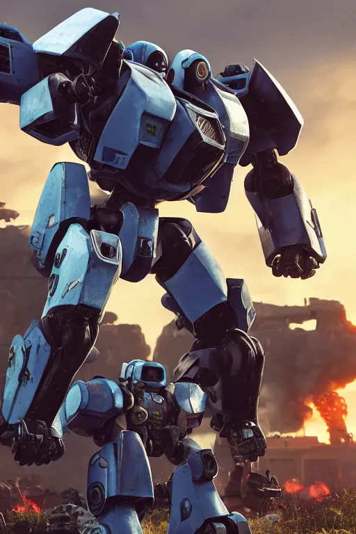 Image similar to mechwarrior 5 : mercenaries mech megaman transformer robot boss tank engine game octane render, 4 k, hd 2 0 2 2 3 d cgi rtx hdr style chrome reflexion glow fanart, global illumination ray tracing hdr fanart arstation by ian pesty pixar and disney unreal zbrush central hardmesh