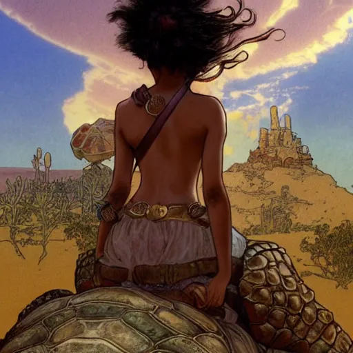 Image similar to a little warrior girl sitting on top of a giant turtle that is walking in the desert, seen from a distance. the girl is fully visible and has dark skin, realistic full body and a very beautiful detailed face with long black hair. diffuse light, dramatic sky and landscape, fantasy illustration by mucha