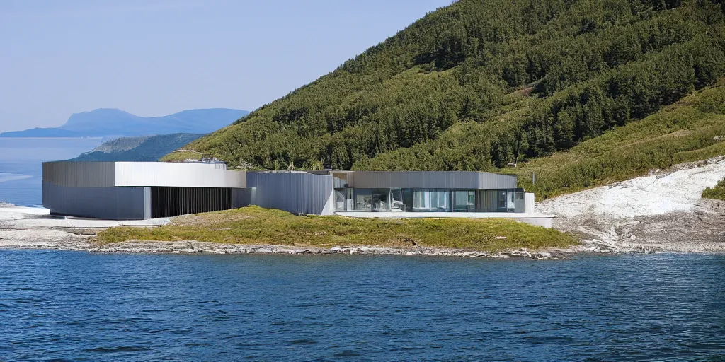 Image similar to modern norwegian fjord beach house designed by norman foster, contemporary architecture, photography