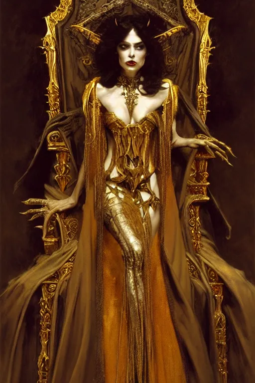 Image similar to full body portrait of beautiful vampire queen in gold gothic robe sitting on a throne of bones, elegant, highly detailed painting by gaston bussiere, craig mullins, j. c. leyendecker, 8 k, mid shot