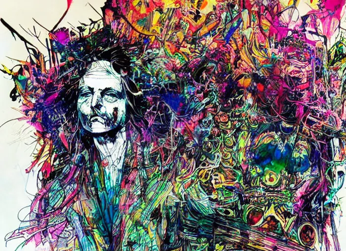 Image similar to psychedelic cadillac illustrations by ralph steadman and bill sienkiewicz and carne griffiths