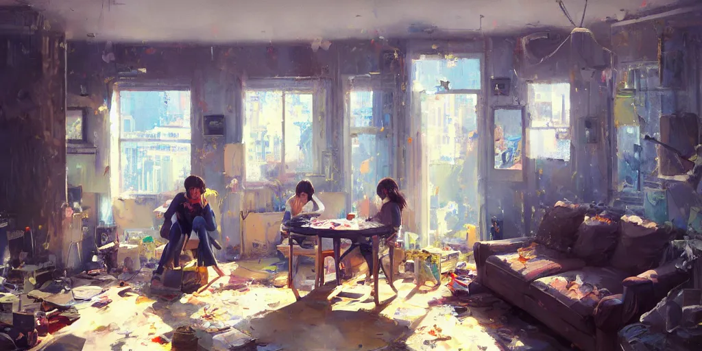 Image similar to A ultradetailed beautiful panting of a messy moders apartment, bright sunny day, Oil painting, by Ilya Kuvshinov, Greg Rutkowski and Makoto Shinkai