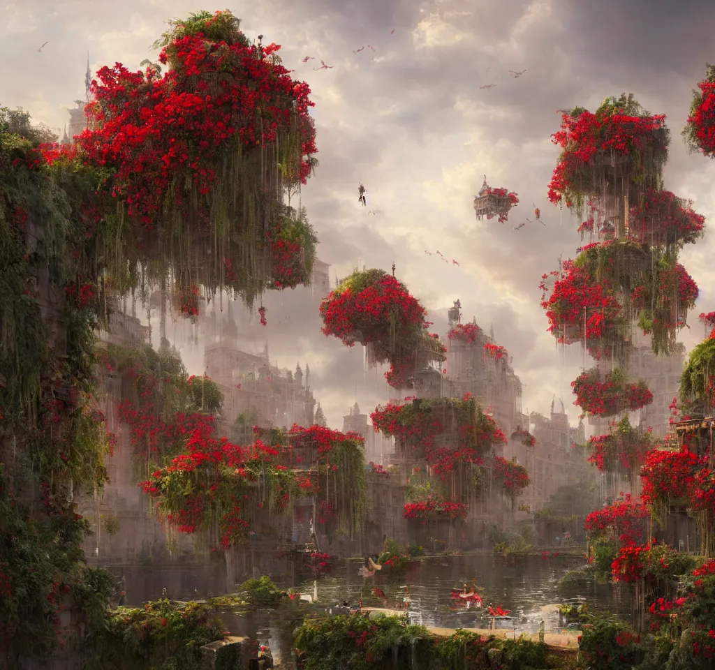 Image similar to 3 d render of the hanging gardens of babylon by greg rutkowski, victorian castle, red flowers, reflective water, cranes, cg society, hyper detailed, dramatic, epic painting, sunset clouds, 8 k