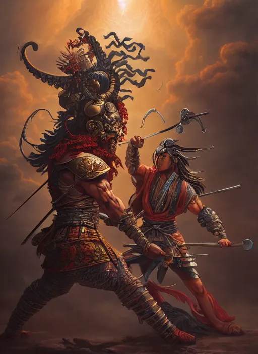 Image similar to a samurai fighting an oni, in the style of tomasz alen kopera and fenghua zhong and peter mohrbacher, mystical colors, rim light, beautiful lighting, 8 k, stunning scene, raytracing, octane, trending on artstation