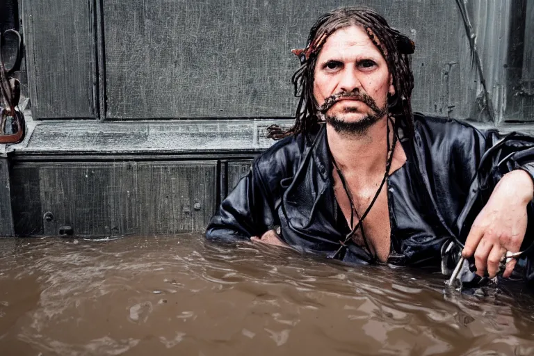 Image similar to closeup potrait of a pirate on a ship in a flooded amsterdam street, photograph, natural light, sharp, detailed face, magazine, press, photo, Steve McCurry, David Lazar, Canon, Nikon, focus