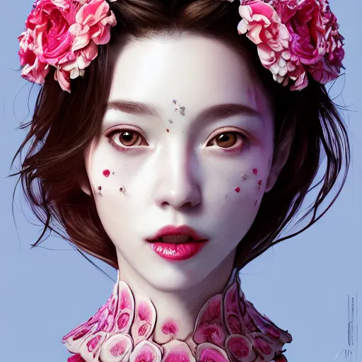 Prompt: the face of absurdly beautiful, graceful, elegant, sophisticated, sensual mature gravure idol made of strawberries and white pink petals with tears, an ultrafine hyperrealistic illustration by kim jung gi, irakli nadar, intricate linework, bright colors, octopath traveler, final fantasy, unreal engine highly rendered, global illumination, radiant light, intricate environment