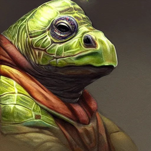 Prompt: cute pond turtle wearing a pope hat, D&D, fantasy, portrait, highly detailed, digital painting, trending on artstation, concept art, sharp focus, illustration, art by artgerm and greg rutkowski and magali villeneuve #pope francis #red ear slider turtle