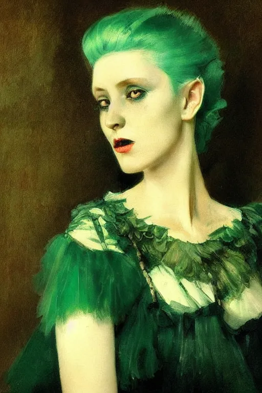 Image similar to creepy portrait of a beautiful sad victorian woman with green hair by denis forkas kostromitin