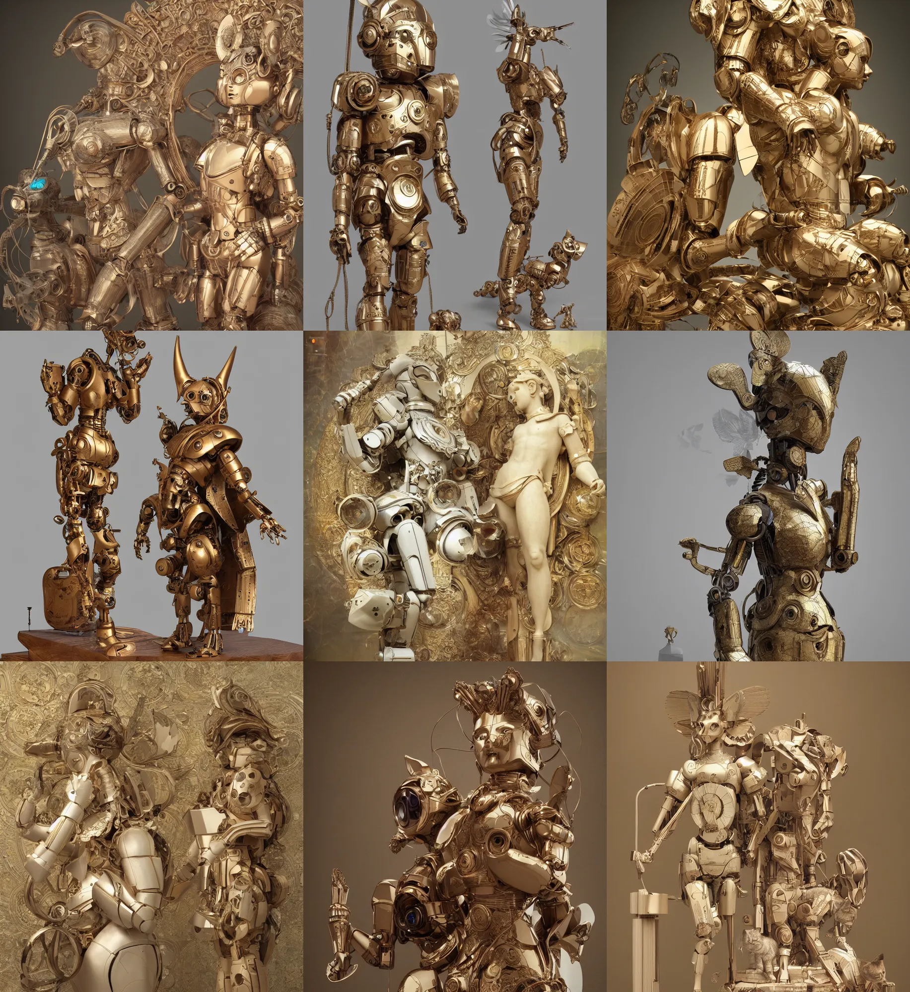 Prompt: 3 d octane render ultra 8 k photorealistic hyper detailed, trending on cgsociety, in a contemporary art gallery, lossless quality, wooden sculpture on feet art toys, a very cute mystical statue robot of the roman god natural with cats ears, by alphonse mucha