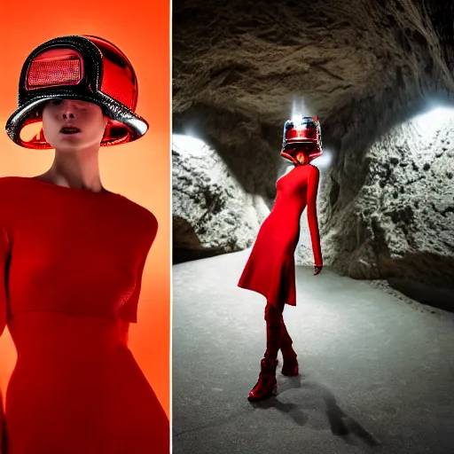 Image similar to female fashion model in year 3000 in a cave, model wearing a surreal Avant-garde helmet in red, dramatic lighting,photography , official Versace editorial , highly detailed