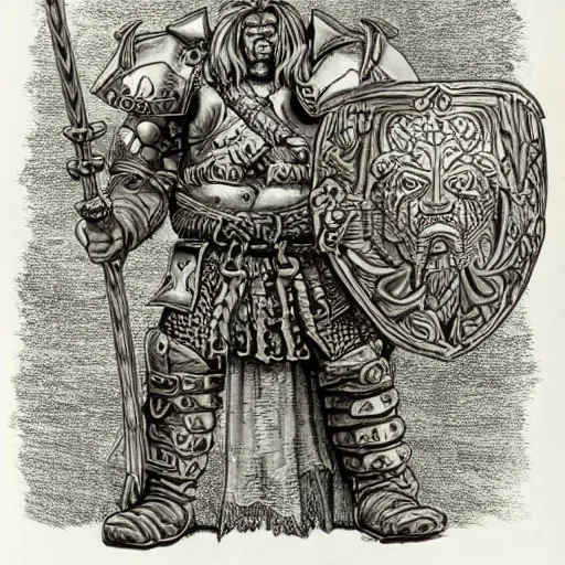 Image similar to ogre warrior wearing plated armor who is holding a battle axe in the style of warhammer fantasy : : head and torso drawing