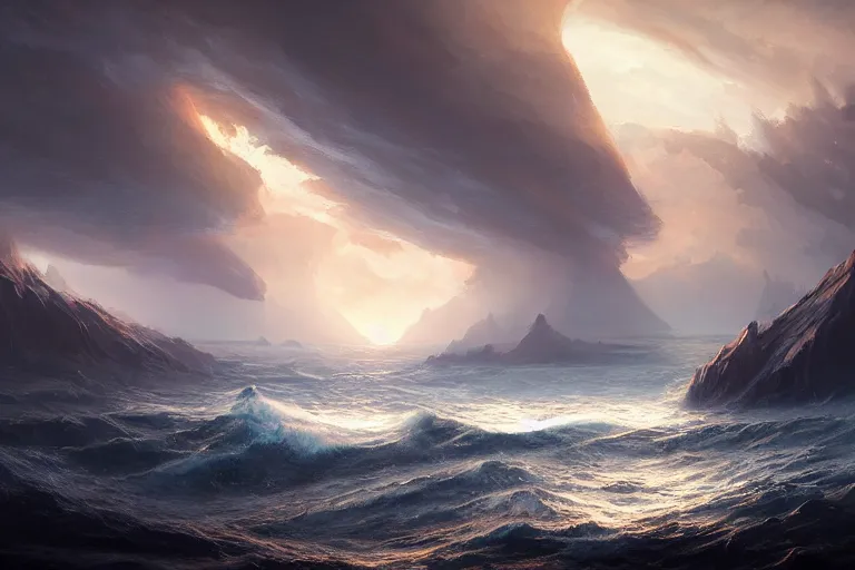 Image similar to cinematic painting by jessica rossier, darkness over a primordial ocean, in the beginning god created the heavens and the earth, now the earth was formless and empty, darkness was over the surface of the deep, and the spirit of god was hovering over the waters.