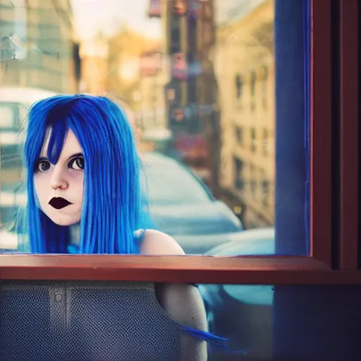 Image similar to an adorable goth girl with blue hair gazing out a coffee shop window, soft early morning light, cinematic angle, dreamy 3 5 mm film portrait