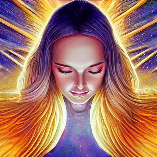 Prompt: an elegant portrait of kim petras with her eyes closed transcending to a higher plane of existence, eternal blessing, multiverse, lasers, post processing magical aura, by android jones, by ben ridgeway, by ross draws, by noah bradley, by maciej kuciara, visionary art, oil painting, artgerm, artstation, moebius, greg rutkowski