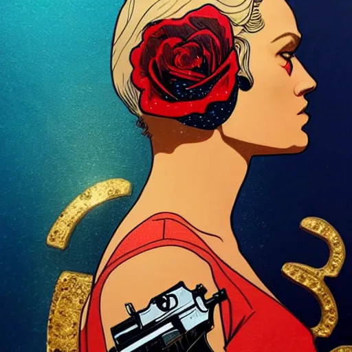 Prompt: portrait of american woman :: side profile :: in ocean :: roses and guns metal details :: gold :: blood and horror :: by marvel and Sandra Chevrier