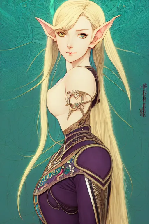 Prompt: portrait of a elegant female elven knight, symmetrical face, detailed, yuya nagai, Ilya Kuvshinov, murata range, kawaii, vibrant bright colors,matte, mystical, japanese, beautiful, dreamy, alphonse mucha, jean giraud, high saturation, fantasy, makoto shinkai