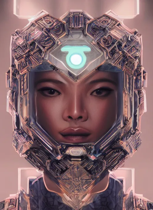 Image similar to beautiful portrait of deus ex machina, style of Feng Zhu, Artstation geometric, aesthetic, big eyes, smooth skin, unique features, symmetrical, intricate crown, volumetric lighting, streetwear, cyberpunk, detailed, octane render, cinematic, 8k, brown skin, retro sci fi film, Stanisław Szukalski + Moebius,