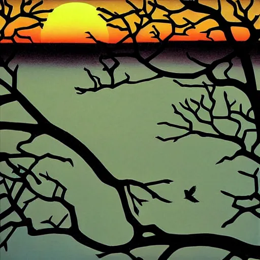 Image similar to birds on cherry tree, Changelingcore, serene, graceful, sunset photo at golden hour, Kodachrome, digital painting by M. C. Escher