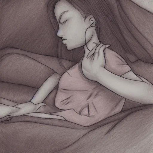 Prompt: teenage emo girl on a bed, pencil doodle, digital art