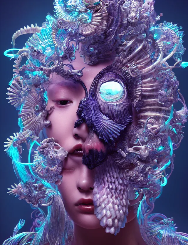 Image similar to goddess macro close - up portrait with mask made of ram skull. betta fish, jellyfish phoenix, bioluminiscent, plasma, ice, water, wind, creature, super intricate ornaments artwork by tooth wu and wlop and beeple and greg rutkowski