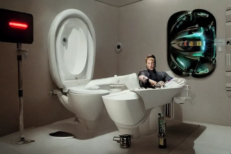 Image similar to hyperrealism aesthetic ridley scott and denis villeneuve style photography of a detailed hyperrealism elon musk, siting on a detailed sci - fi toilet and scrolling his smartphone in hyperrealism scene from detailed art house movie in style of alejandro jodorowsky and wes anderson