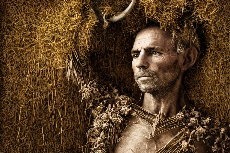 Image similar to portrait of a tyrolean farmer, wearing hay coat, with horns, visible muscles and veins and arteries and bones and spines and nerves, flowers growing out of his body, beautiful detailed intricate insanely detailed octane render, 8k artistic photography, photorealistic, chiaroscuro, by David Cronenberg, Raphael, Caravaggio