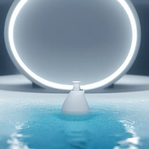 Prompt: perfume bottle splashing in white zen clean modern minimalist blue circular hotspring by peter tarka softly lit well contoured smooth fair walls, up close shot, sharp focus, zen, clean, modern minimalist, zaha hadid octane highly render, 4 k, ultra hd,