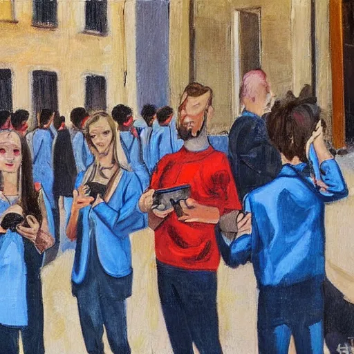 Image similar to teenegers with phones as head stend in front of a school in genoa. painting