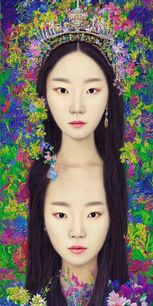 Image similar to highly detailed portrait of a korean queen, wearing a crown of flowers by roger dean and alena aenami