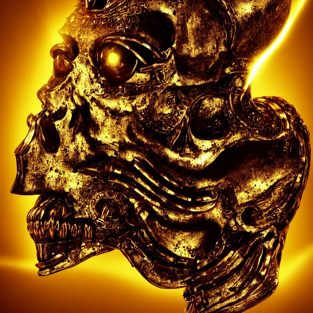 Prompt: Photorealistic epic egyptian god face close up portrait human skull, ram skull, jackal skull, gold, gemstones, gems, jewels, light beams, lens flare. ominous, ancient magic, scary intricate artwork by Tooth Wu and beeple and Jake Baddeley. octane render, trending on artstation, greg rutkowski very coherent symmetrical artwork. cinematic, hyper realism, high detail, octane render, 8k