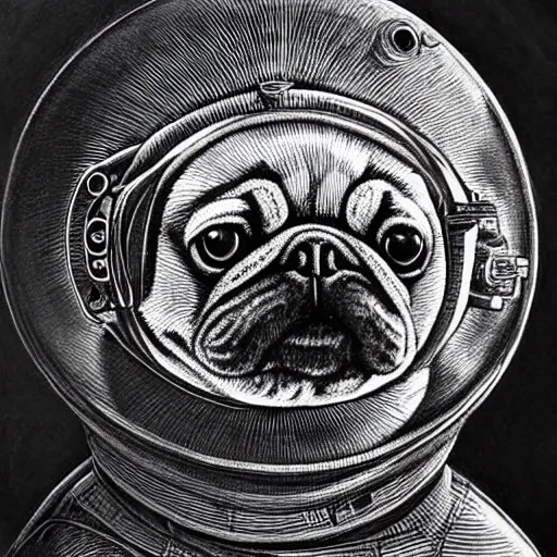 Image similar to pencil art, golden - ratio, spirals, highly detailed, psychedelic astronaut pug in outer space by davinci.