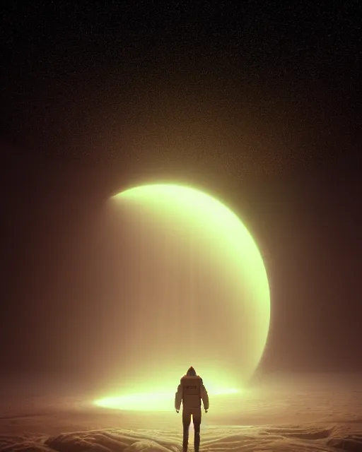 Prompt: a person standing in front of a glowy open door that's on a barren planet, poster art by mike winkelmann, trending on cg society, space art, sci - fi, ue 5, futuristic, volumetric lighting