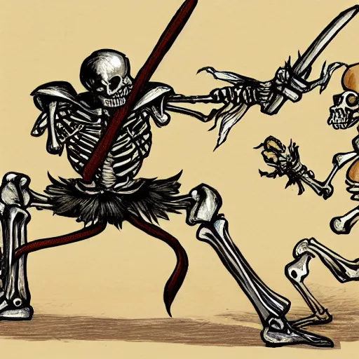 Prompt: skeleton warrior fighting with anamorphic shawarma with swords