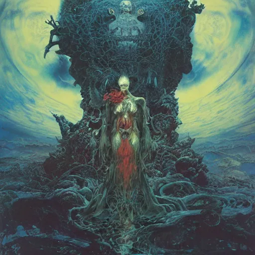 Prompt: realistic detailed image of the end of the world by Ayami Kojima, Amano, Karol Bak, Greg Hildebrandt, and Mark Brooks, Neo-Gothic, gothic, rich deep colors. Beksinski painting, part by Adrian Ghenie and Gerhard Richter. art by Takato Yamamoto. masterpiece