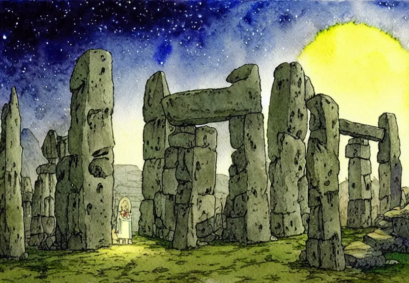 Prompt: a simple watercolor studio ghibli movie still fantasy concept art of a giant wizard standing in a tiny stonehenge in machu pichu. it is a misty starry night. by rebecca guay, michael kaluta, charles vess