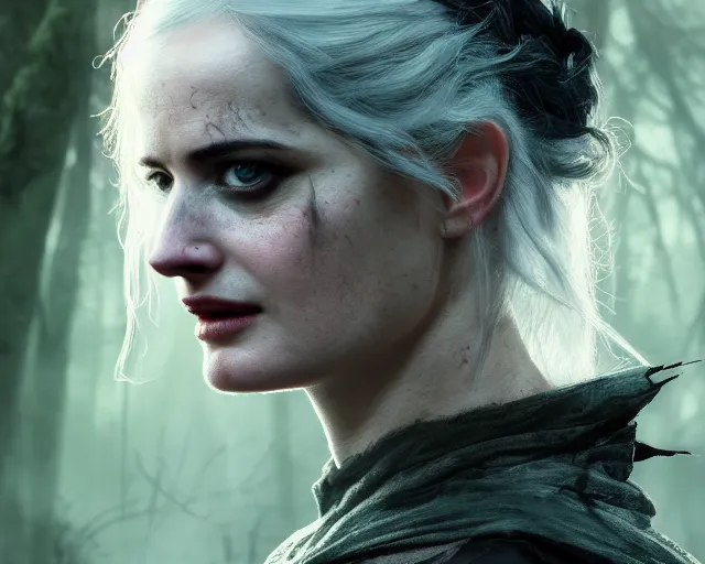 Image similar to 5 5 mm portrait photo of a real life tough looking battle hardened eva green as ciri with a thin face and a large scar across her left cheek, in a magical forest. dark atmosphere. art by greg rutkowski. highly detailed 8 k. intricate. lifelike. soft light. nikon d 8 5 0.