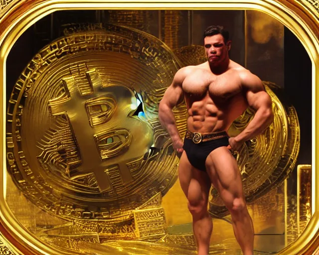 Image similar to attractive muscular bulky man posing in front of a huge golden bitcoin, commercial by annie liebovitz, gaston bussiere, craig mullins, j. c. leyendecker