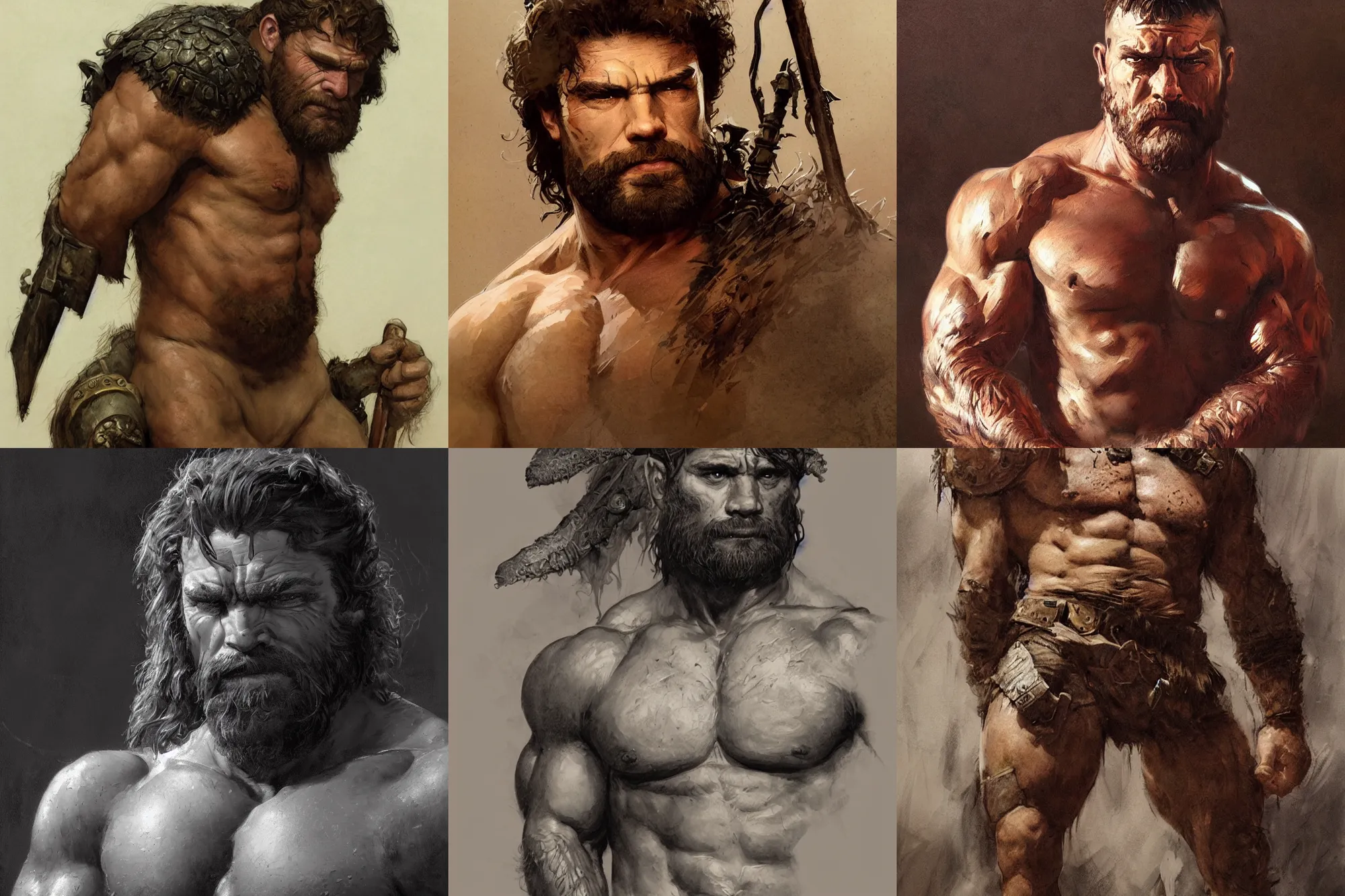 Image similar to portrait of a young sad rugged barbarian, muscular , manowar, upper body, hairy torso, D&D, fantasy, intricate, cinematic lighting, highly detailed, digital painting, artstation, concept art, smooth, sharp focus, illustration by Frank Frazetta, art by Francis Bacon and Greg Rutkowski and Alphonse Mucha